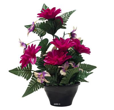 Vasque de Dahliasfleurs artificielles pour le cimetière H 36 cm D 29 cm Pourpre