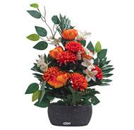Jardinière Béton de renocules fleurs artificielles pour le cimetière H 50 cm Lg 44 cm Orange