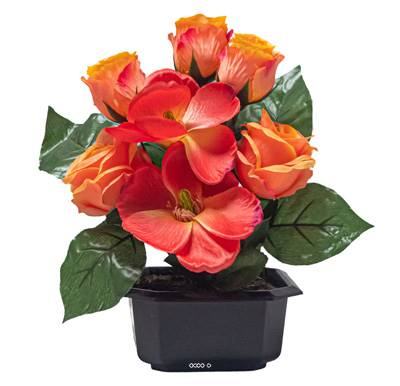 Vasque Carrée de Magnolias fleurs artificielles pour le cimetière H 25 cm Lg 25 cm Orange