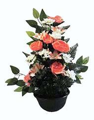 Fleurs artificielles pour cimetière vasque roses, lys, hortensias et buis H55cm D45cm Orange