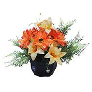 Composition fleurs artificielles pour cimetière vasque lys et gerberas Orange