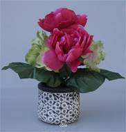 Composition fleurs artificielles cimetière pivoines en pot déco H30 cm D28 cm Rose fushia