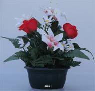 Fleurs artificielles cimetière mini jardinière ovale lys et marguerites H41 cm L37 cm Rouge-blanc