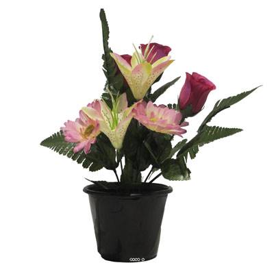 Pot pour la Toussaint de Boutons de Rose, Lys tigrés et gerberas artificiels pour la tombe Rose
