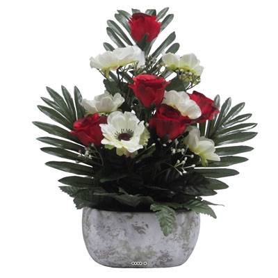 Jardinière pot béton bouton de rose, Anémone et Gypso rouge pour la Toussaint