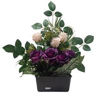 Grande Jardinière de fleurs artificielles Roses pour le cimetière H 50 cm Lg 47 cm Pourpre