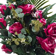 Pot Cône de Roses fleurs artificielles pour le cimetière H 57 cm D 38 cm Fushia