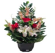 Grande Vasque de Renoncules fleurs artificielles pour le cimetière H 52 cm Lg 44 cm Fushia
