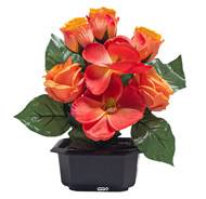 Vasque Carrée de Magnolias fleurs artificielles pour le cimetière H 25 cm Lg 25 cm Orange