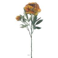 Pivoine Joy artificielle H 67 cm 2 tetes 3 feuilles effet texturé Orange-Vert