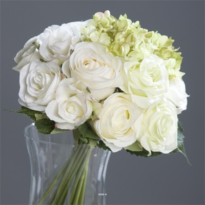 Bouquet de Roses et Hortensias factices Blanc-Vert 13 têtes D28cm