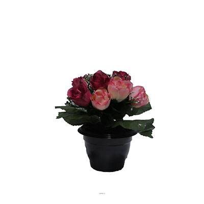 Composition de fleurs artificielles pour cimetière pot roses H 25 cm D 20 cm Rose fushia