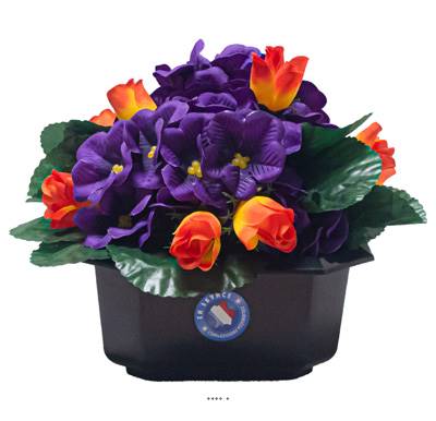 Composition fleurs artificielles cimetière pot carré violettes et mini roses H 17 cm D 24 cm Rouge-o