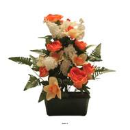 Composition fleurs artificielles cimetière jardinière lilas et orchidées H50 cm L50 cm Orange
