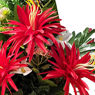 Mini jardinière fleurs artificielles cimetière dahlias lavande et orchidées H 49 cm L 30 cm Rouge