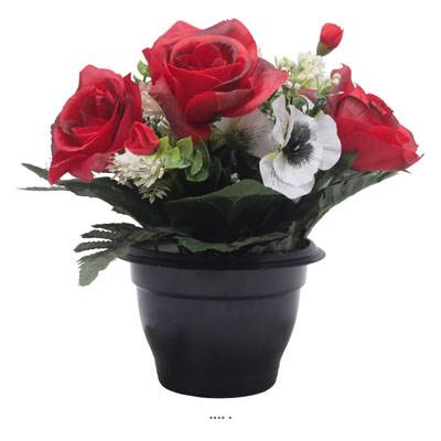 Pot de Rose, pensée et mini fleurs artificiels pour la Toussaint Rouge