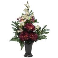 Pot Cone de fleurs artificielles œillet, Bouton de rose, Orchidée et Glaieul Pourpre pour Toussaint