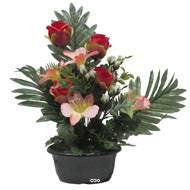 Jardinière fleurs artificielles Rose, Alstromeria et mini fleurs Rouge pour la Toussaint