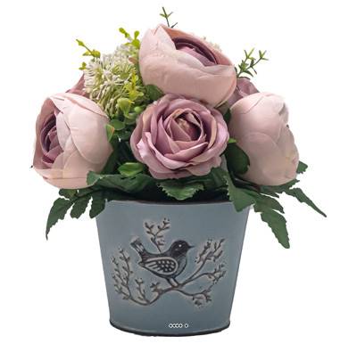 Pot Zinc fleurs artificielles Boutons de Pivoines pour le cimetière H 24 cm D 21 cm Lavande