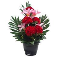 Pot de Chrysanthemes fleurs artificielles pour le cimetière H 38 cm D 22 cm Rouge