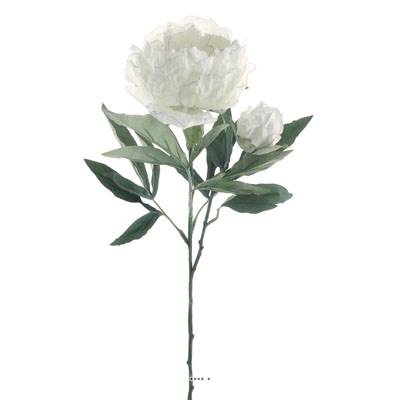 Pivoine Joy artificielle H 67 cm 2 tetes 3 feuilles effet texturé Blanc neige