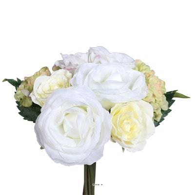 Bouquet de Roses et Hortensias artificielles 10 tetes D 22 cm Crème vert