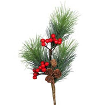 Branche de sapin artificiel H 44 cm D 22 cm avec 4 mini pommes de pin et Baies