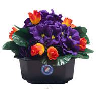 Composition fleurs artificielles cimetière pot carré violettes et mini roses H 17 cm D 24 cm Rouge-o