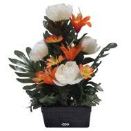 Jardinière fleurs artificielles Pivoine, Lys, Gerbera et ficus Crème pour la Toussaint