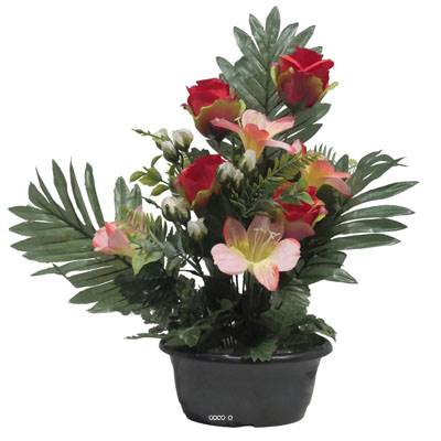 Jardinière fleurs artificielles Rose, Alstromeria et mini fleurs Rouge pour la Toussaint