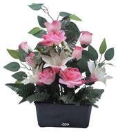 Jardinière fleurs Rose, Bouton de rose, Lys tigré et Ficus Rose artificiels pour la Toussaint
