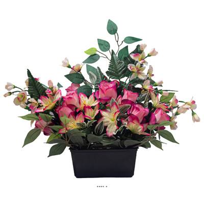 Devant de tombe fleurs artificielles pour le cimetière roses, Orchidées et lys H 50 cm Rose soutenu
