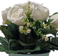 Pot Zinc fleurs artificielles Boutons de rose pour le cimetière H 26 cm D 23 cm Blanc neige