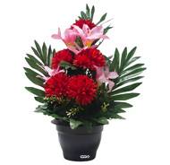 Pot de Chrysanthemes fleurs artificielles pour le cimetière H 38 cm D 22 cm Rouge