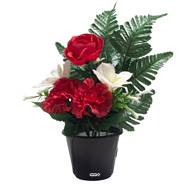 Pot de Boutons de Roses fleurs artificielles pour le cimetière H 34 cm D 23 cm Rouge-orange