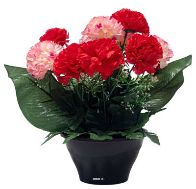 Vasque d'Oeillets fleurs artificielles pour le cimetière H 25 cm D 27 cm Rouge
