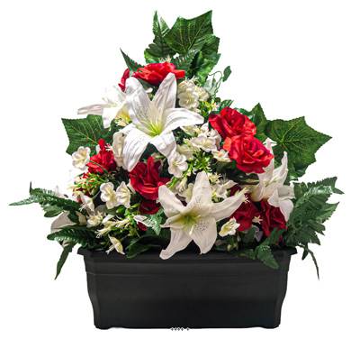 Devant de tombe fleurs artificielles pour le cimetière roses, mini-fleurs et lys H 60 cm Rouge-orang