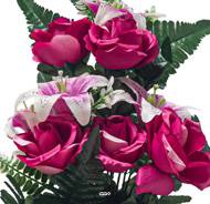 Vasque de Roses et Lys fleurs artificielles pour le cimetière H 43 cm Lg 23 cm Fushia