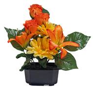 Vasque Carrée de Gerberas fleurs artificielles pour le cimetière H 28 cm Lg 25 cm Jaune-orange