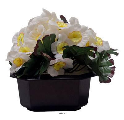 Vasque Carrée de Primevères fleurs artificielles pour le cimetière H 13 cm Lg 17 cm Blanc neige