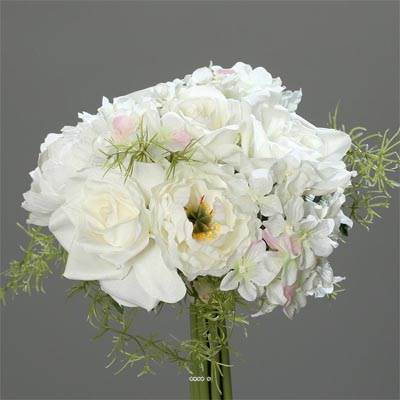 Bouquet de Roses et Hortensias artificielles 9 têtes D20 cm Crème
