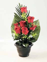 Composition fleurs artificielles pour cimetière pot roses et gypsophiles H 38 cm D 25 cm Rouge