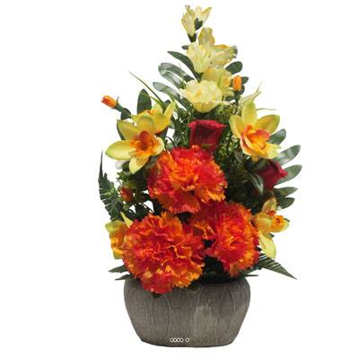 jardinièrre pot beton d'œillet,bouton de rose, Orchidée, glaieul Orange pour la Toussaint