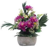 Jardinière pot béton Chrysantheme, Pensée et mini fleurs pourpre pour la Toussaint