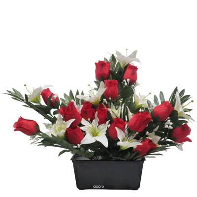 Devant de tombe de Rose et Lys tigré Rouge artificiels pour la Toussaint 