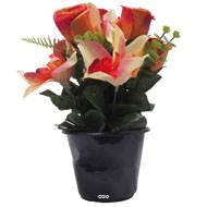 Pot de Rose, Lys et Orchidée artificiels pour la Toussaint Orange