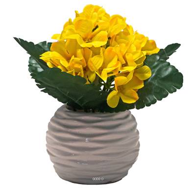 Pot céramique de fleurs artificielles Primeveres pour le cimetière H 18 cm D 15 cm Jaune