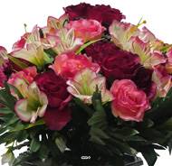Grande Vasque de Roses fleurs artificielles pour le cimetière H 39 cm D 41 cm Fushia
