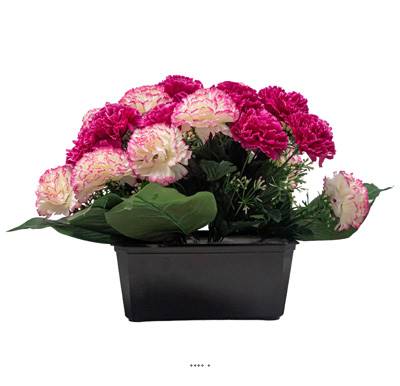 Jardinière fleurs artificielles pour les tombes Oeillets H 30cm Lg 45 cm Fushia